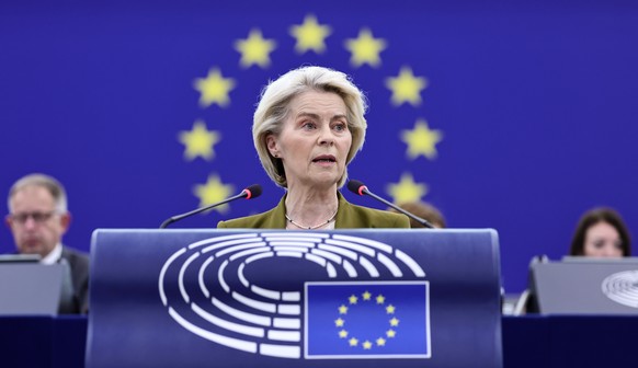epa12920956 European Commission President Ursula von der Leyen speaks during a debate on 'EU strategy in response to the ongoing Middle East crisis, its implications on energy prices and the avai ...