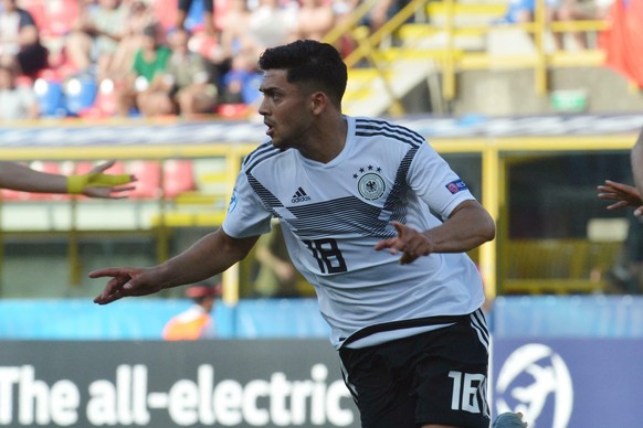 Germany&#039; Nadiem Amiri celebrates after scoring his side&#039;s first goal during the European Under-21 Championship semifinal match between Germany and Romania, in Bologna, Italy, Thursday, June  ...