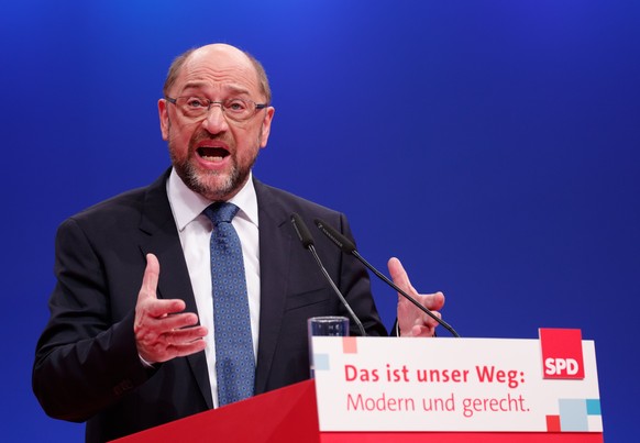 epa06373793 The chairman of the SPD, Martin Schulz, speaks during the party convention of the German Social Democratic Party (SPD), in Berlin, Germany, 07 December 2017. During the three-day event del ...