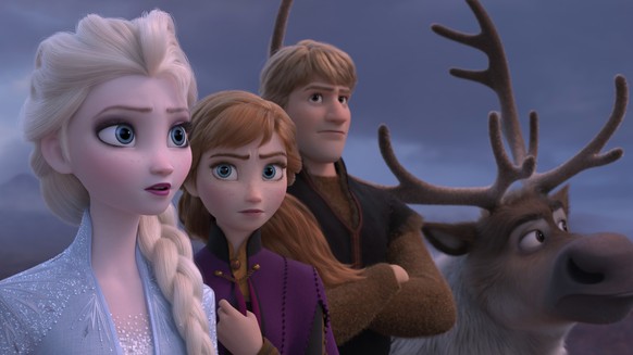 This image released by Disney shows Elsa, voiced by Idina Menzel, from left, Anna, voiced by Kristen Bell, Kristoff, voiced by Jonathan Groff and Sven in a scene from &quot;Frozen 2.&quot; (Disney via ...