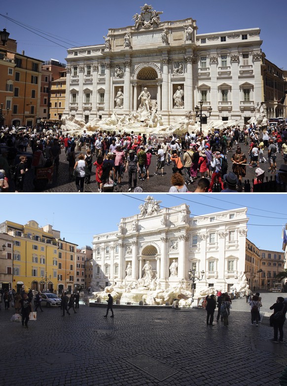 FILE - This combo of two images shows people walking around Rome&#039;s Trevi fountain at 9.48gmt on Monday, June 12, 2017, top, and at 13.00gmt on Wednesday, March 11, 2020. (AP Photo/Andrew Medichin ...