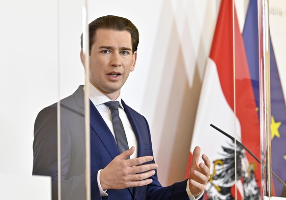 Austrian Chancellor Sebastian Kurz attends a news conference about aid programs for the local gastronomy industry following the coronavirus measures, in Vienna, Austria, Monday, May 1, 2020. (Hans Pun ...