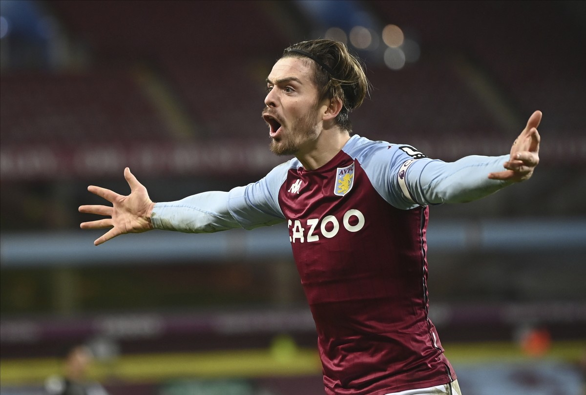 Aston Villa's Jack Grealish reacts during the English Premier League soccer match between Aston Villa and West Ham United at Villa Park in Birmingham, England, Wednesday , Feb.3, 2021. (Laurence  ...