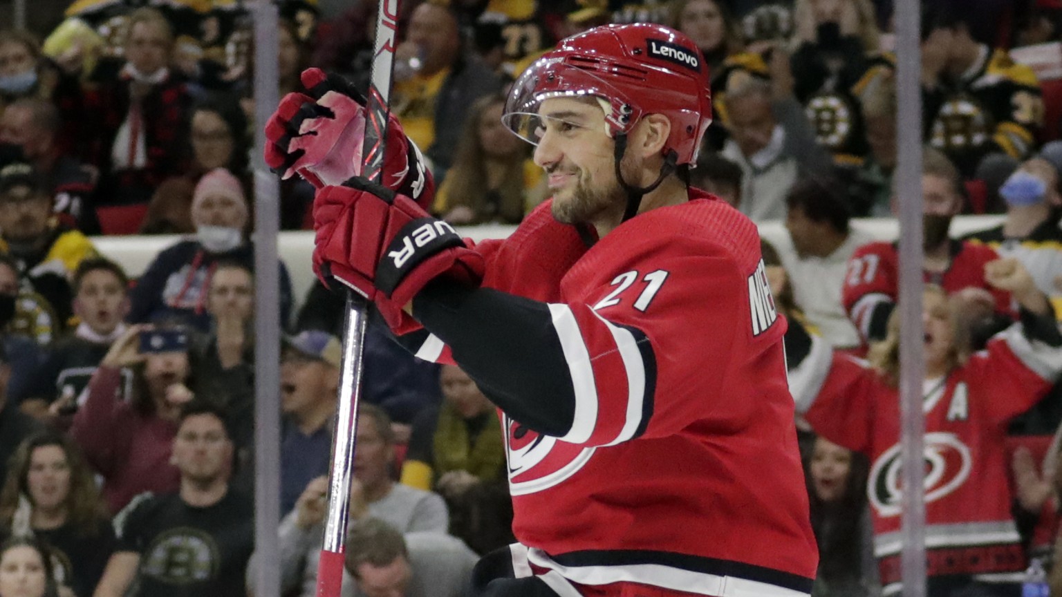 Carolina Hurricanes right wing Nino Niederreiter celebrates his goal during the second period of the team&#039;s NHL hockey game against the Boston Bruins on Thursday, Oct. 28, 2021, in Raleigh, N.C.  ...