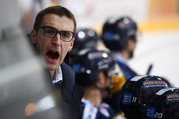 Ambri&#039;s Head Coach Luca Cereda during the preliminary round game of National League Swiss Championship 2017/18 between HC Ambri Piotta and EHC Kloten, at the ice stadium Valascia in Ambri, Switze ...