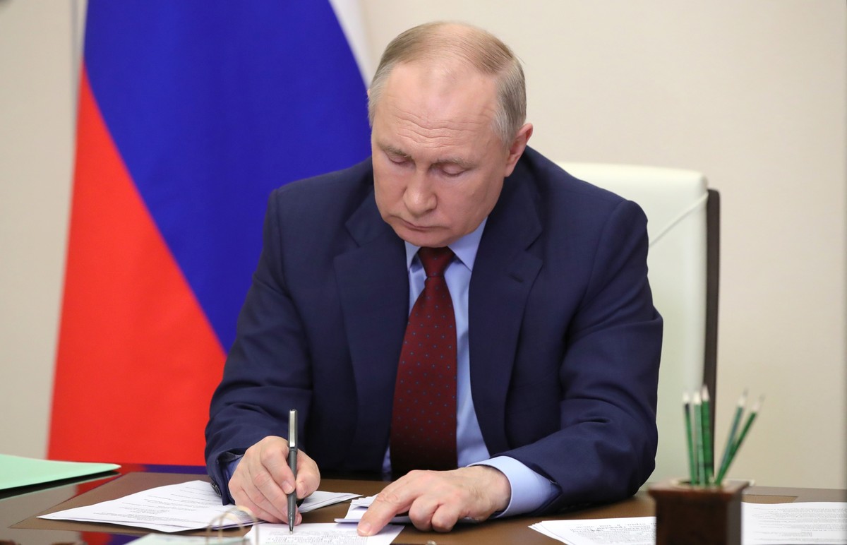 Russian President Vladimir Putin attends a meeting on the development of agricultural and fishing industries via videoconference at the Novo-Ogaryovo state residence outside Moscow, Russia, Tuesday, A ...