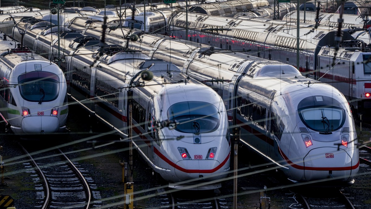 FILE - ICE trains are parked near the central train station in Frankfurt, Germany, Monday, March 27, 2023. A union representing many of Germany's train drivers says it and the country's main ...