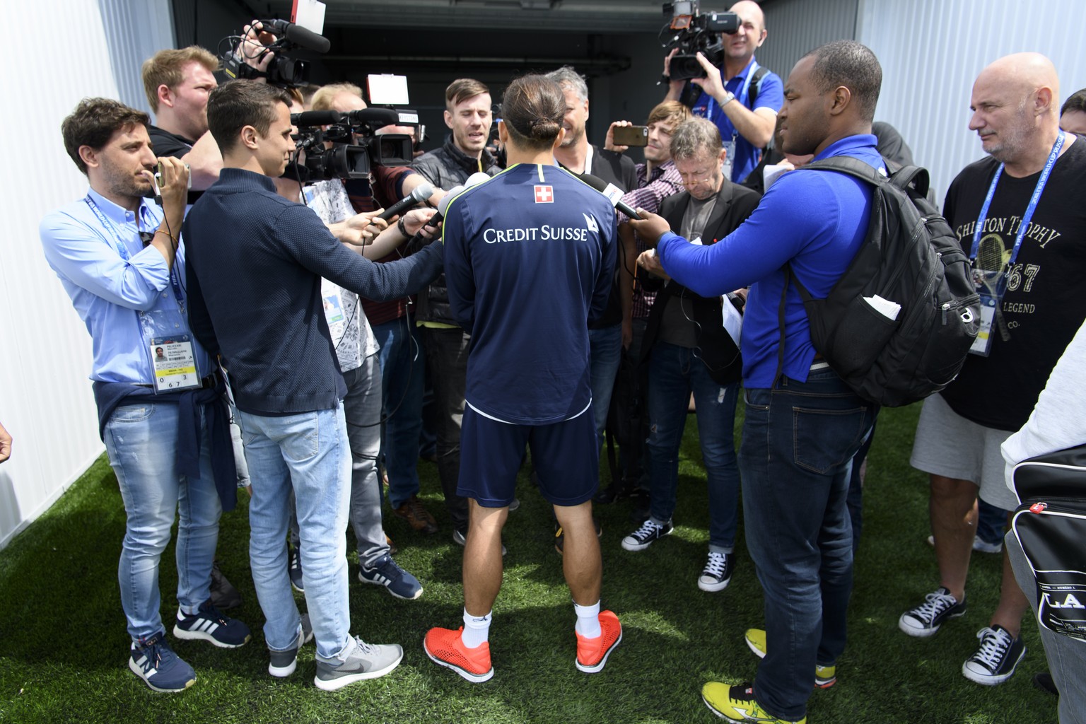 Switzerland&#039;s defender Ricardo Rodriguez speaks with journalists after a training session of the Switzerland&#039;s national soccer team at the Torpedo Stadium, in Togliatti, Russia, Thursday, Ju ...