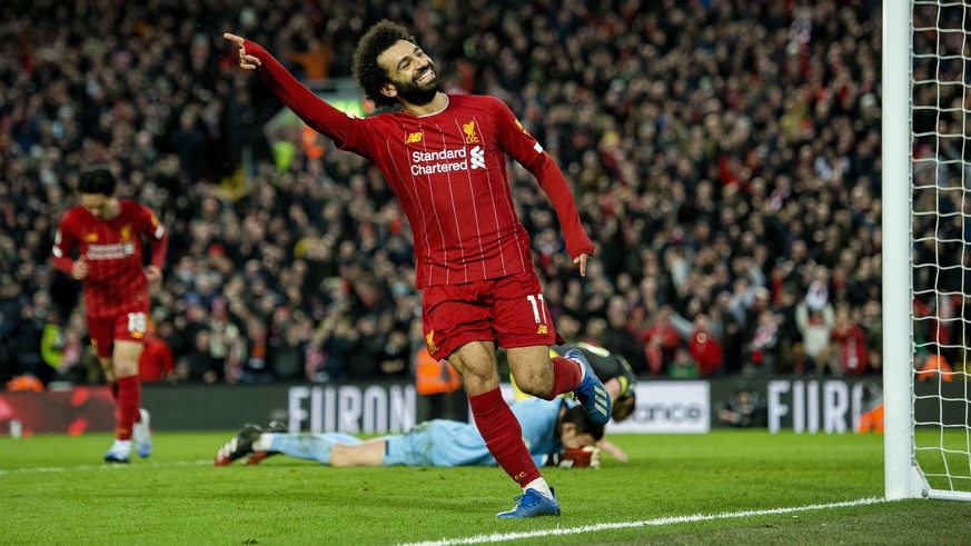 epa08185645 Liverpool's Mohamed Salah celebrates after scoring the fourth goal during the English Premier League soccer match between Liverpool and Southampton at Anfield, Liverpool, Britain, 01 ...