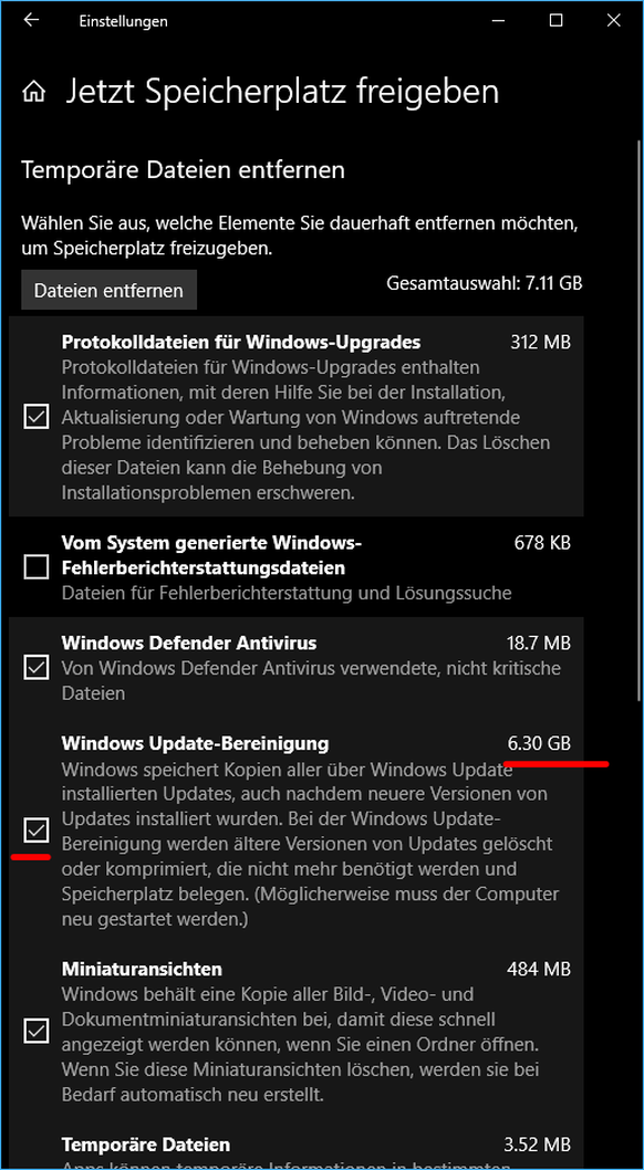 Auf diesem Windows-10-PC können mit dem Löschen älterer Update-Dateien 6,30 GB freigegeben werden.