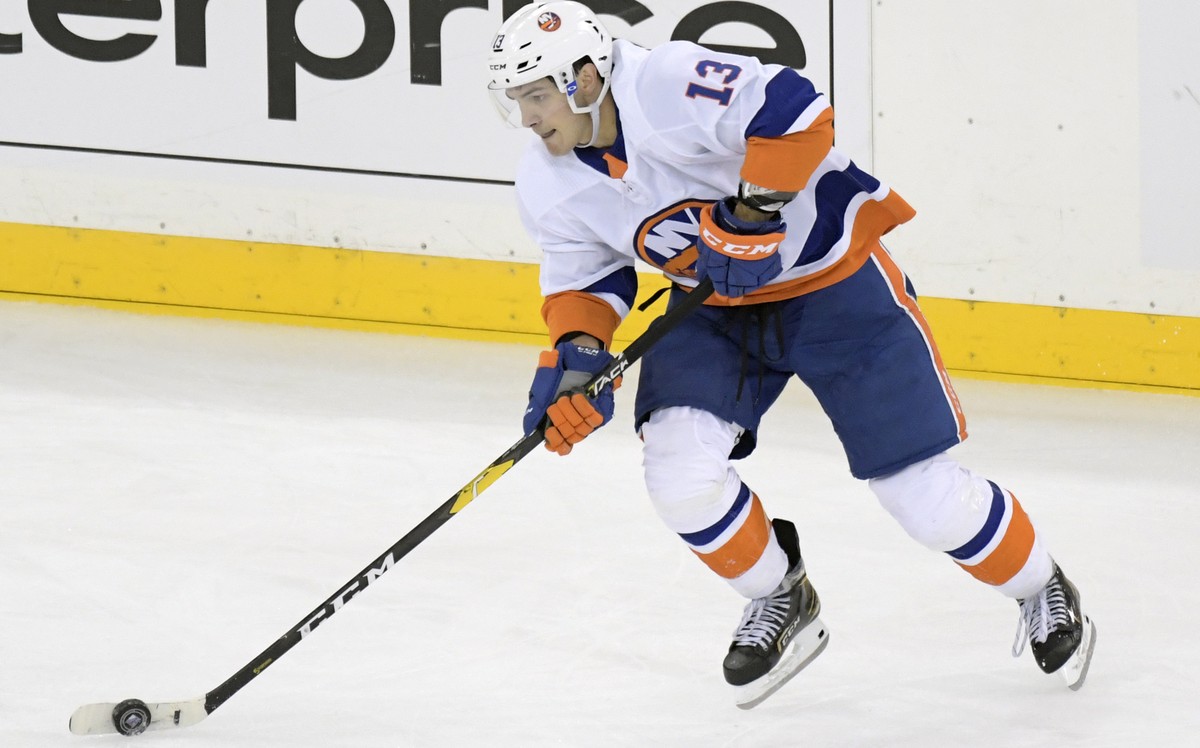 New York Islanders center Mathew Barzal skates with the puck during the third period of the team's NHL preseason hockey game against the New York Rangers on Tuesday, Sept. 24, 2019, at Madison Sq ...