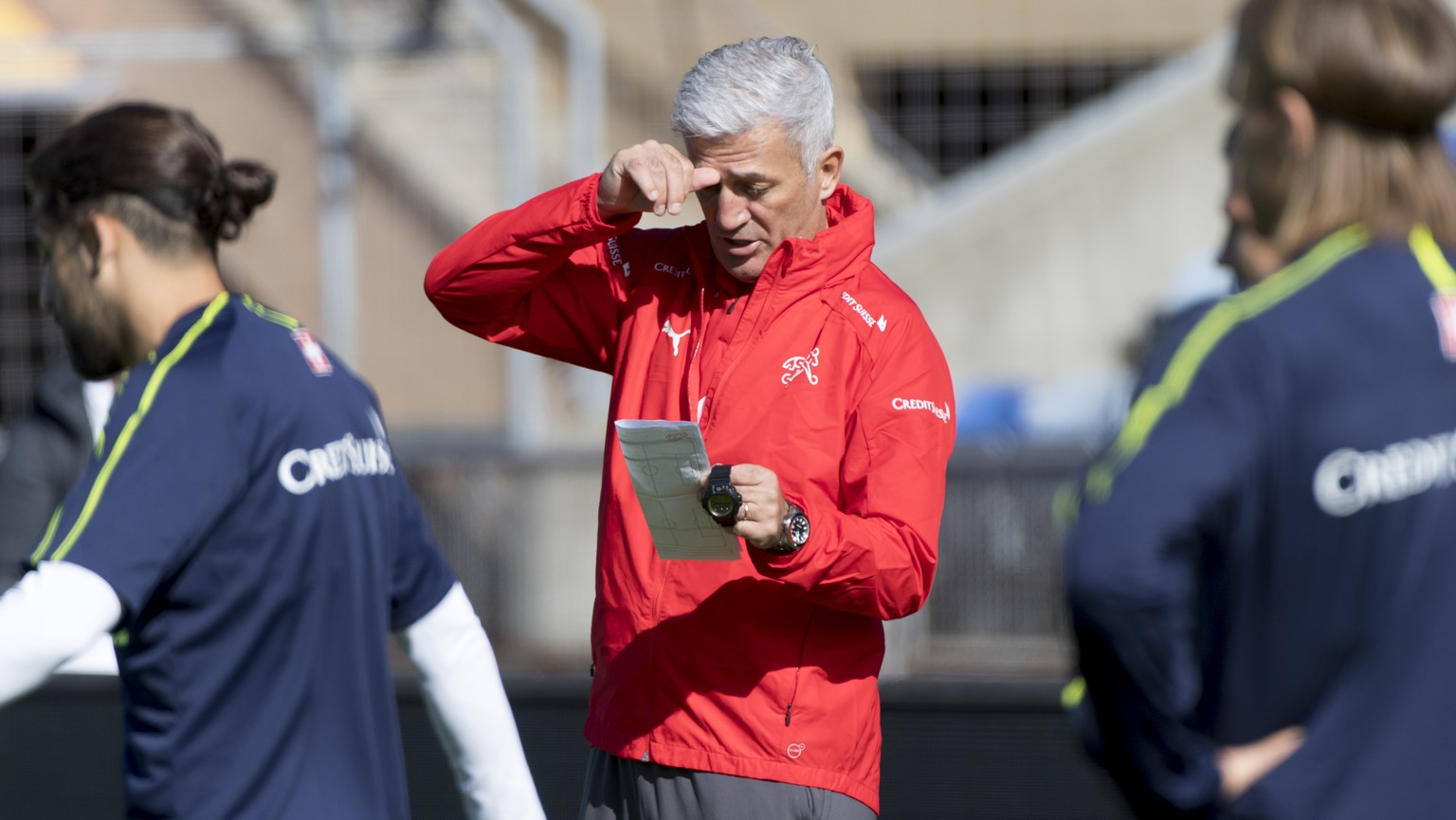 Switzerland&#039;s national soccer team head coach Vladimir Petkovic gestures during a training session before the upcoming UEFA Euro 2020 qualifying soccer matchs, at the Stade Olympique de la Pontai ...