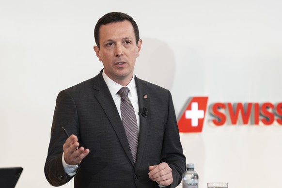Jens Fehlinger (Chief Executive Officer) of Swiss International Air Lines speaks at the annual media conference of Swiss International Air Lines, on Friday, 6 March 2026 in Kloten. (KEYSTONE/Gaetan Ba ...