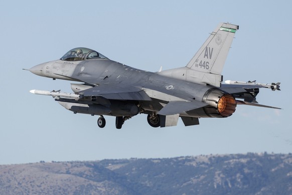 epa10319486 United States Air Force (USAF) F16 Fighting Falcon during exercise Falcon Strike 2022, in Amendola, Italy, 21 November 2022 (issued 22 November 2022). F35s From Italy, U.S. and The Netherl ...
