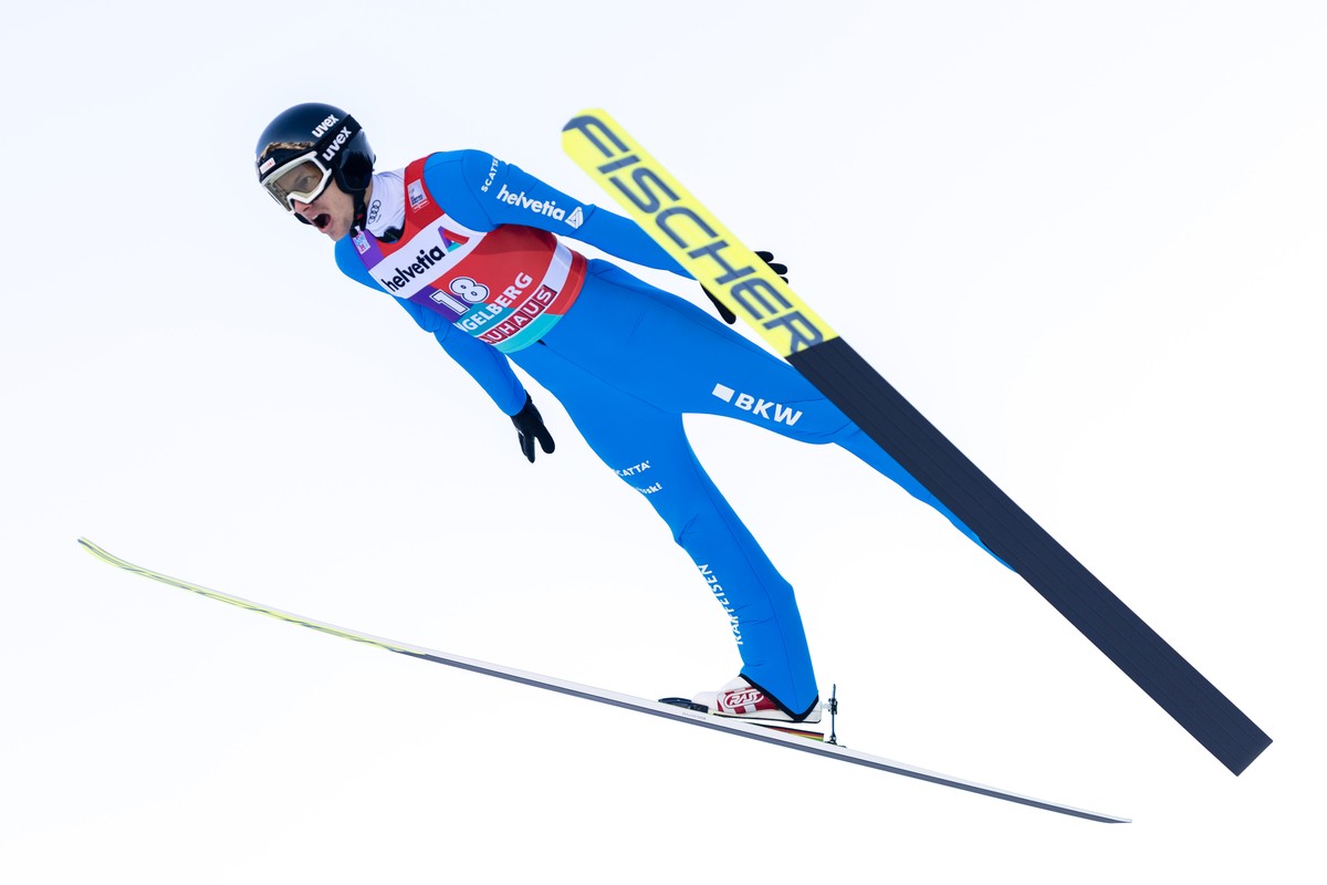 Gregor Deschwanden of Switzerland soars through the air during the men's FIS Ski Jumping World Cup competition at the Gross-Titlis Schanze on Sunday, December 18, 2022 in Engelberg, Switzerland.  ...