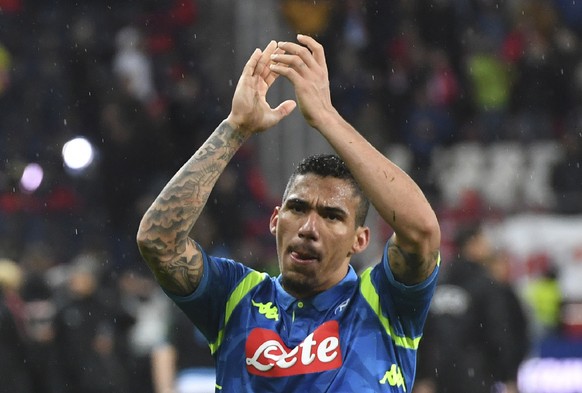 FILE - In this Thursday, March 14, 2019 file photo, Napoli&#039;s Allan leaves at the end of the Europa League round of 16 second leg soccer match between FC Salzburg and Napoli in the Arena stadium i ...