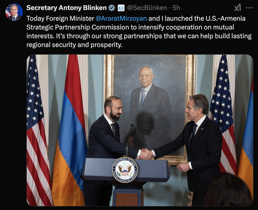 Screenshot X Ararat Mirzoyan Antony Blinken Armenia USA Armenian