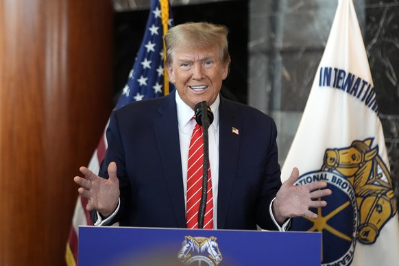 Republican presidential candidate former President Donald Trump speaks after meeting with members of the International Brotherhood of Teamsters at their headquarters in Washington, Wednesday, Jan. 31, ...