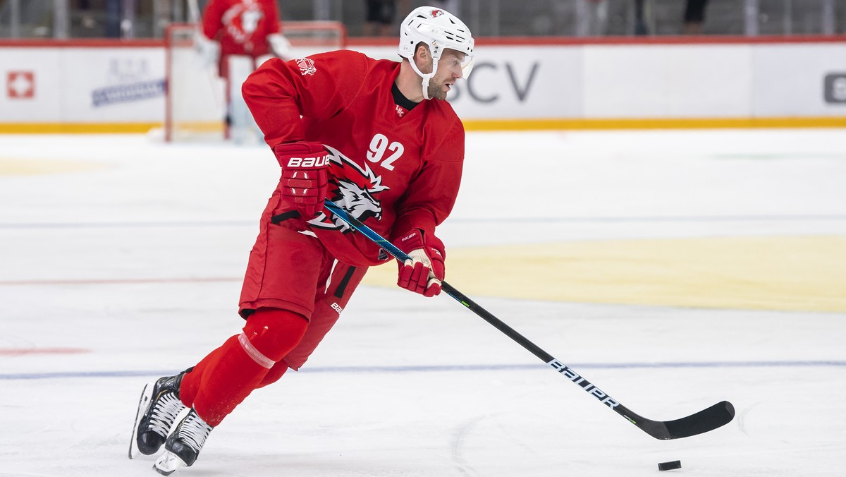 Le joueur lausannois Jiri Sekac, en action lors d'un match amical de hockey sur glace entre le Lausanne HC, LHC, et Geneve-Servette HC, GSHC, le mardi 17 aout 2021 a la patinoire de la Vaudoise a ...