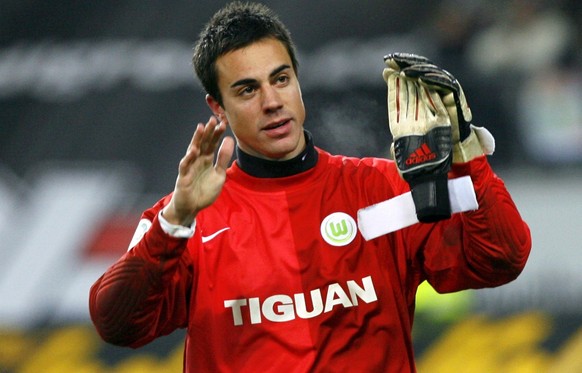 Wolfsburg new-signed goalie Diego Benaglio cheers winning the DFB Cup round of 16 match VfL Wolfsburg v FC Schalke 04 at Volkswagen Arena stadium of Wolfsburg, Germany, 30 January 2008. Wolfsburg won  ...