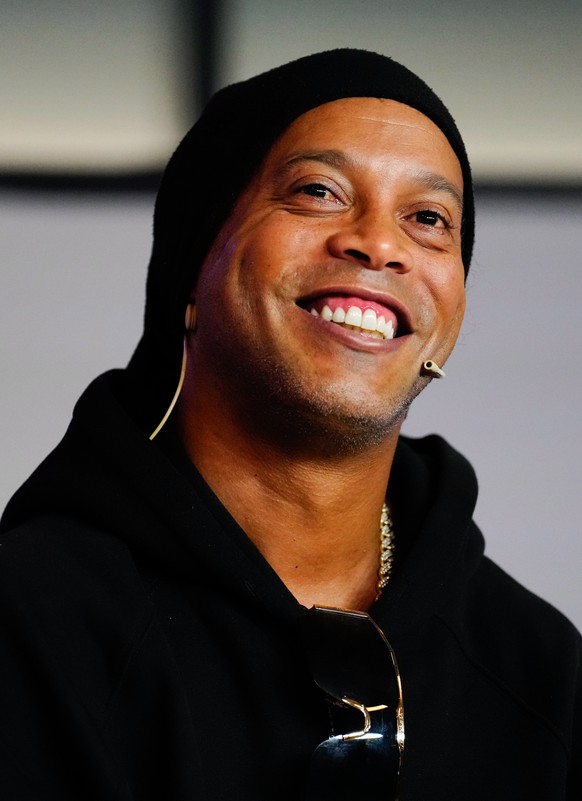 epa09871806 Brazilian soccer legend Ronaldinho attends the presentation of the video-game &#039;Metasoccer&#039;, first soccer game in the &#039;metaverse&#039; which gives the player the chance of an ...