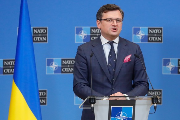 epa09875739 Ukraine&#039;s Foreign Minister Dmytro Kuleba gives a press conference at the end of a meeting of NATO foreign ministers at the NATO headquarters in Brussels, Belgium, 07 April 2022. NATO  ...