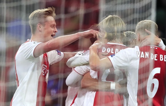 Ajax&#039;s players celebrate after scoring their second goal during the Champions League semifinal second leg soccer match between Ajax and Tottenham Hotspur at the Johan Cruyff ArenA in Amsterdam, N ...