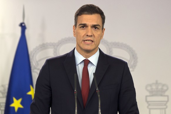 Spain&#039;s Prime Minister Pedro Sanchez delivers a speech at the Moncloa Palace in Madrid, Spain, Saturday, Nov. 24, 2018. Spanish Prime Minister Pedro Sanchez says Spain will agree to support the B ...