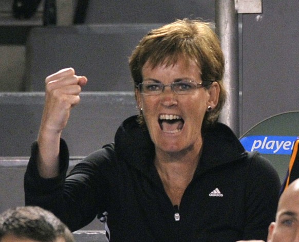 FILE - In this Jan. 28, 2010 file photo, Judy Murray, mother of Britain&#039;s Andy Murray, reacts as he plays Marin Cilic of Croatia in their men&#039;s singles semifinal match at the Australian Open ...