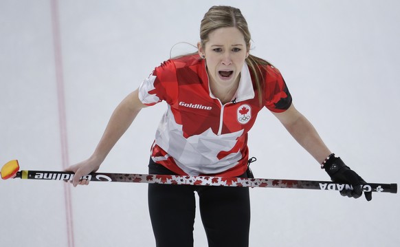 Canada&#039;s Kaitlyn Lawes makes a call during a mixed doubles curling match against Switzerland Jenny Perret and Martin Rios at the 2018 Winter Olympics in Gangneung, South Korea, Saturday, Feb. 10, ...