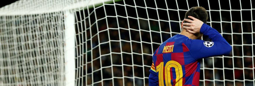 epa07974971 FC Barcelona&#039;s forward Lionel Messi reacts during the UEFA Champions League group F soccer match between FC Barcelona and Slavia Prague at Camp Nou stadium in Barcelona, Catalonia, Sp ...