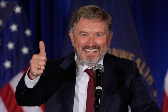 Rep. Thomas Massie, R-Ky., gives a thumbs-up on stage during an election night watch party after losing the Republican party's nomination at the Marriott Cincinnati Airport, Tuesday, May 19, 2026 ...