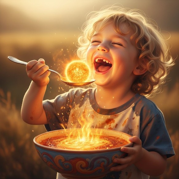 Jetzt findet er es noch lustig, der KI-generierte Bub. Dabei weiss er nicht, dass sein laxes Blösele die Suppe höchstens von frischer Magma- bis zu Lava-Temperatur herunterkühlt. Das wahre Wunder lieg ...