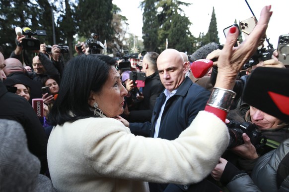 Outgoing Georgian President Salome Zourabichvili leaves the Orbeliani Palace, the official residence of the President of Georgia, in Tbilisi, Georgia, Sunday, Dec. 29, 2024. (AP Photo/Zurab Tsertsvadz ...