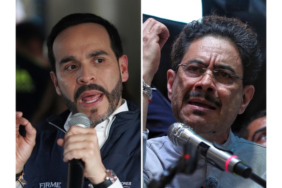 This combination of photos shows presidential candidates Abelardo de la Espriella, left, on May 6, 2026, and Iván Cepeda, on Feb. 26, 2026, on the campaign trail ahead of elections in Colombia. (AP Ph ...