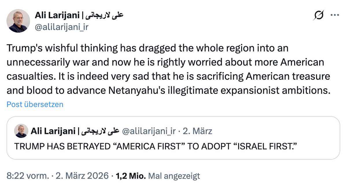 Ali Laridschani schiesst auf X gegen Trump.