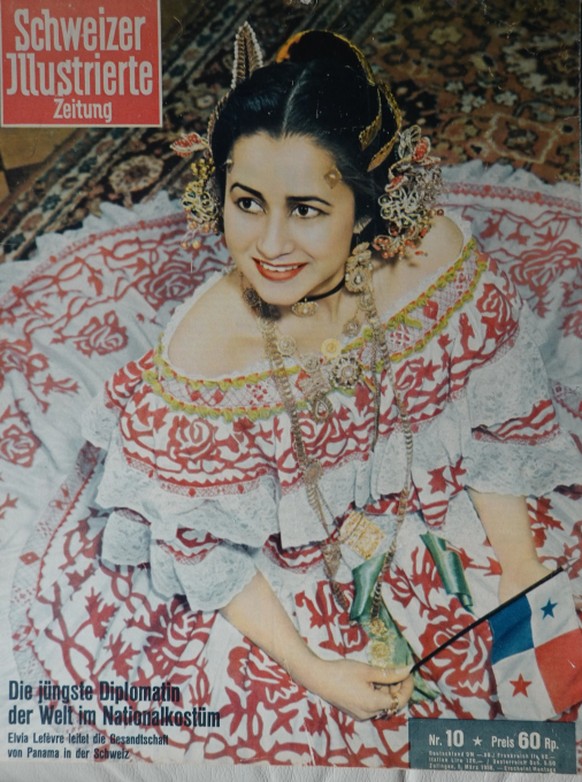 Die jüngste Diplomatin der Welt im Nationalkostüm von Panama, Elvia Lefèvre (24), Schweizer Illustrierte Zeitung vom 5. März 1956, zVg von E. Lefèvre
