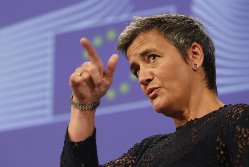 EU Antitrust Commissioner Margrethe Vestager addresses the media at EU Commission headquarters in Brussels, Belgium, Thursday, July 14, 2016. The European Union opened a new front Thursday in its batt ...