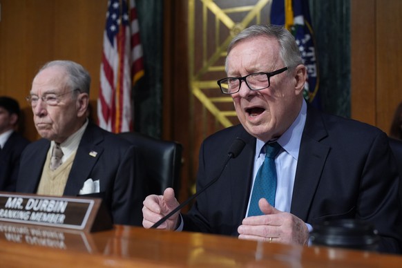 Sen. Dick Durbin, D-Ill., speaks as Homeland Security Secretary Kristi Noem appears for an oversight hearing before the Senate Judiciary Committee, at the Capitol in Washington, Tuesday, March 3, 2026 ...