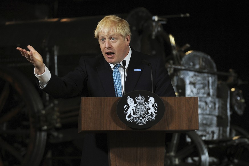 Britain&#039;s Prime Minister Boris Johnson during a speech on domestic priorities at the Science and Industry Museum in Manchester, England, Saturday July 27, 2019. Economists have warned that leavin ...