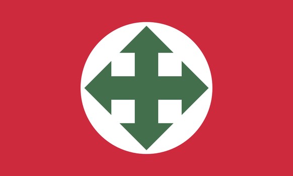 Ansprüche in allen vier Himmelsrichtungen: Fahne der Pfeilkreuzler bis 1942.&nbsp;<br data-editable="remove">