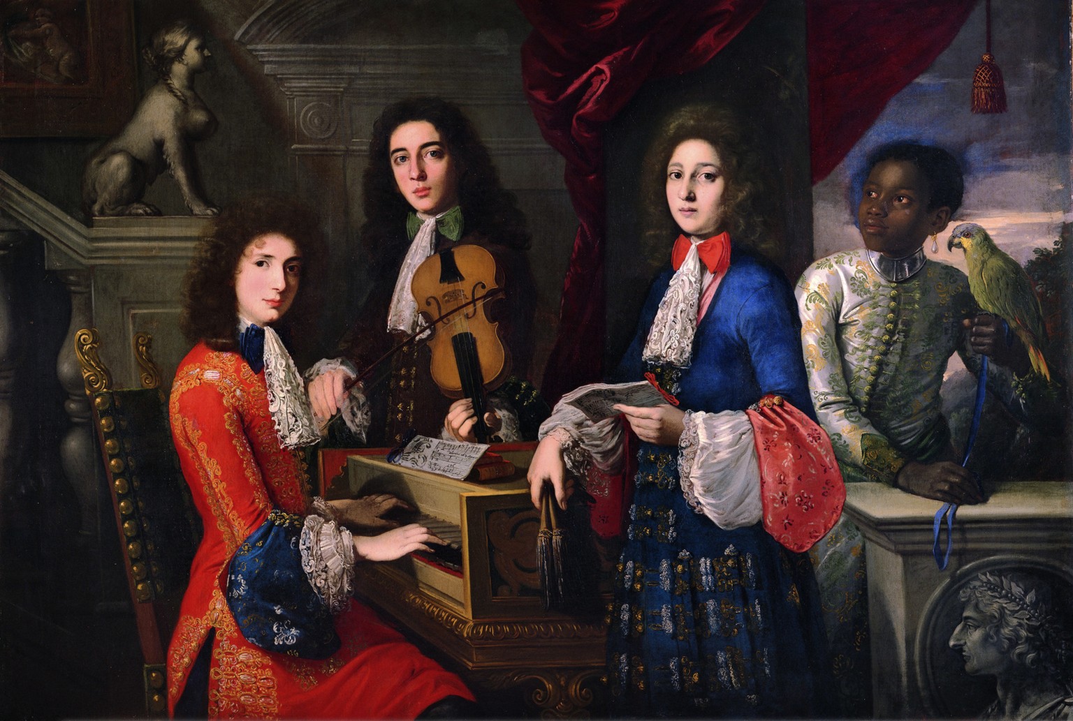 Anton Domenico Gabbiani: Drei Musiker am Medici-Hof in Florenz, ca. 1685. Der rechte Sänger ist vermutlich der Kastrat Francesco de Castris gen. Cecchino. Auch am Cembalo sitzt ein Kastrat – Die Gesic ...