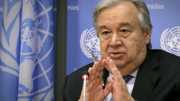 United Nations Secretary-General António Guterres speaks during his first press conference with U.N. correspondents, on World Refugee Day, Tuesday June 20, 2017, at U.N. headquarters. (AP Photo/Bebeto ...