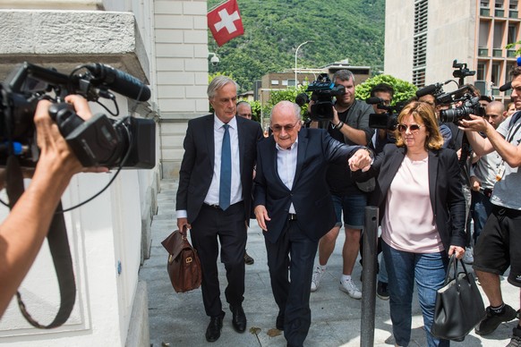 The former president of the World Football Association (Fifa), Joseph Blatter, center, and his daughter Corinne Blatter, right, and Blatter&#039;s lawyer Lorenz Erni, surrounded by media representativ ...