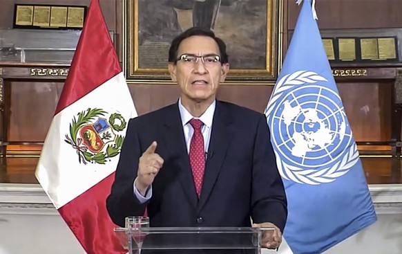 In this image made from UNTV video, Peru President MartÃ­n Vizcarra Cornejo speaks in a pre-recorded message which was played during the 75th session of the United Nations General Assembly, Tuesday, S ...