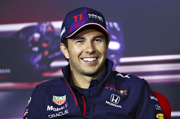 Red Bull driver Sergio Perez of Mexico speaks during a media conference ahead of the Austrian Formula One Grand Prix at the Red Bull Ring racetrack in Spielberg, Austria, Thursday, July 1, 2021. (Dan  ...