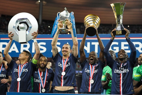 Paris, 30.05.2015, Fussball Coupe de France, Final, Auxerre - Paris Saint Germain. 
Joie PSG - Thiago Silva / Lucas Moura / Zlatan Ibrahimovic / Blaise Matuidi / Zoumana Camara - 30.05.2015 - Auxerre  ...