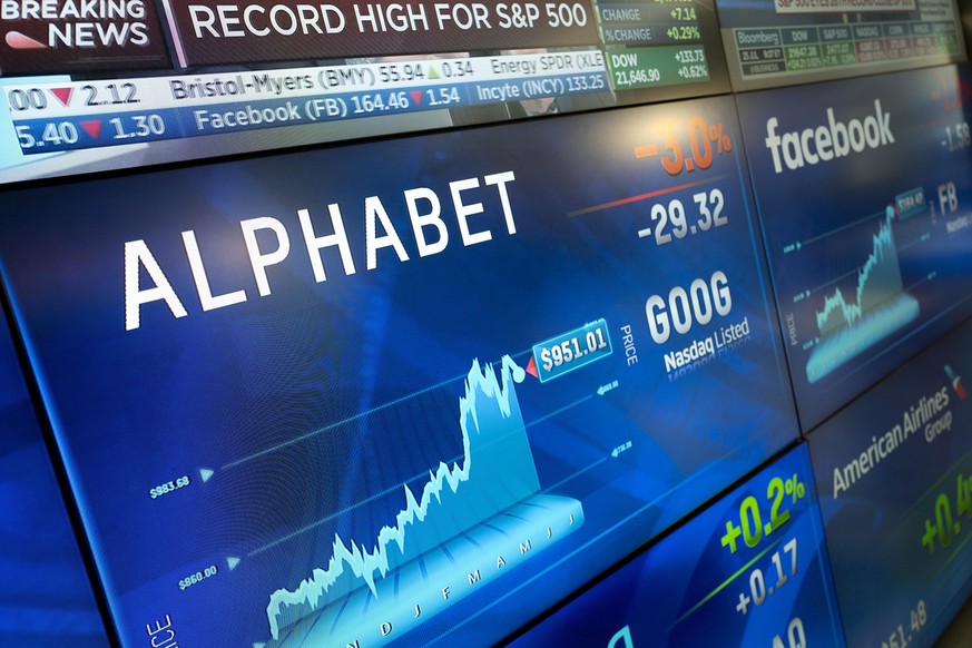 Alphabet stock is shown on a screen at the Nasdaq MarketSite, Tuesday, July 25, 2017, in New York. (AP Photo/Mark Lennihan)