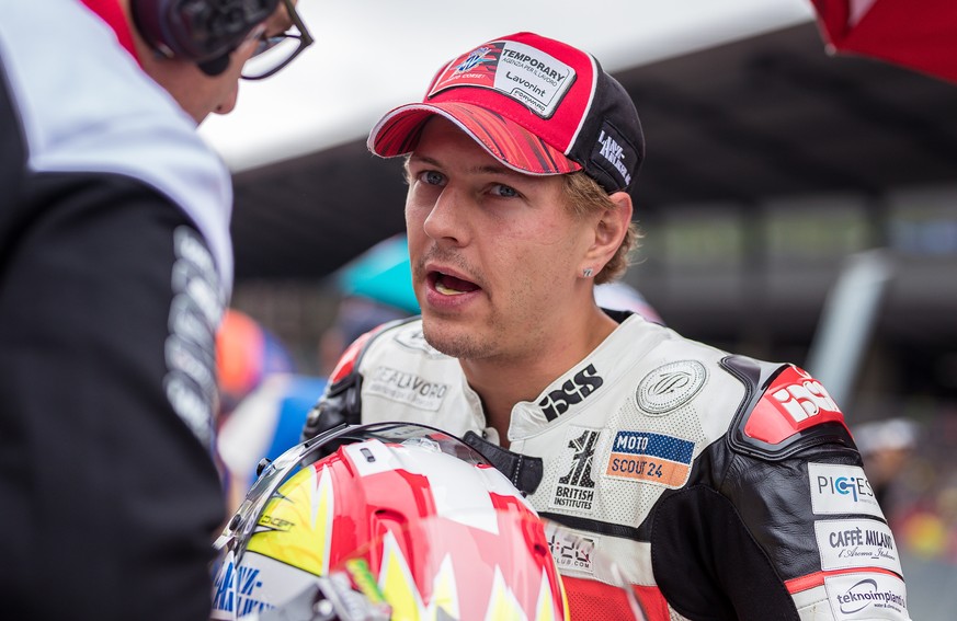 epa07767921 Swiss Moto2 rider Dominique Aegerter of MV Agusta Temp prepares for the Moto2 race of the MotoGP of Austria at the Red Bull Ring in Spielberg, Austria, 11 August 2019. EPA/DOMINIK ANGERER