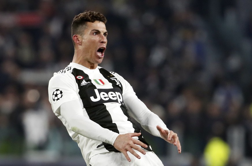 Juventus&#039; Cristiano Ronaldo celebrates after scoring his side&#039;s third goal during the Champions League round of 16, 2nd leg, soccer match between Juventus and Atletico Madrid at the Allianz  ...